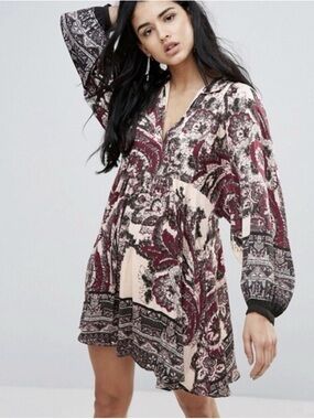 Free People Say You Love Me Cream and Burgundy Printed Mini Dress